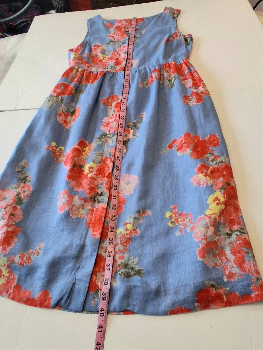 Joules Lisia Flax Linen Floral Print Sleeveless Dress Sz US 8 Blue Red